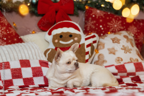 White Chihuahua dog resting on a bed with Christmas toys and warm holiday lights in the background. Christmas lights, christmas greeting card
