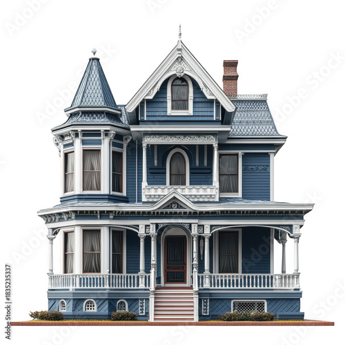 A beautifully restored Victorian-style house with intricate architectural details. featuring a blue exterior. surrounded by a well-maintained garden. classic elegance in a suburban neighborhood