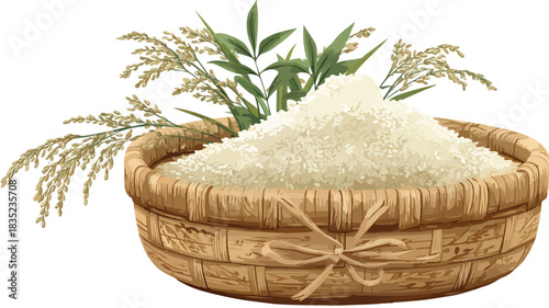 Rice Basket with Bamboo Plant Vector Illustration
