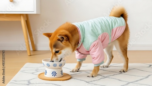 Minimalist Pet Accessories on Clean Interiors A Shiba Inu Enjoys Its Meal