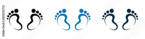 Baby Feet new born. Kids or baby feet and foot steps vector footsteps icon for print. Colorful baby feet Love heart  boy or girl sign. Footprint trio in different colors for baby product designs.