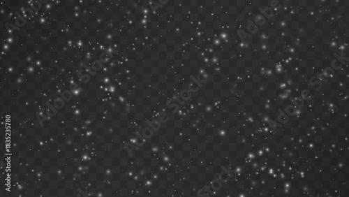 White snow and dust particles of varying size and transparency scattered over a dark checkered background. Soft glowing snow effect creating a subtle and elegant winter atmosphere.