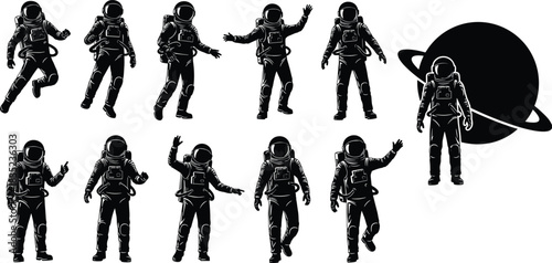 Astronaut silhouette poses, space exploration vector, planetary background, black space suit illustration, cosmic journey, teamwork in outer space, isolated on white