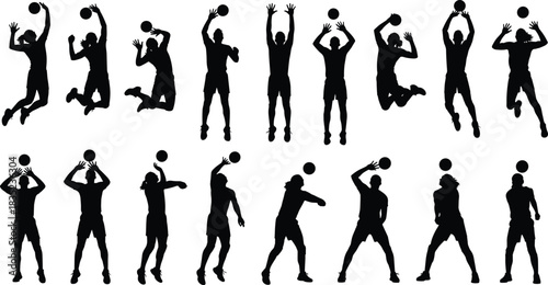 Black Silhouette Vector Set of Volleyball and Basketball Athletes, Showing Dynamic Action Poses Including Jumping, Serving, and Shooting, Ideal for Sport and Fitness.