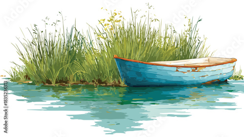Boat in Water and Grass - Vector Illustration with Outline Design