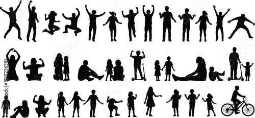 Collection of Black Vector Silhouettes Featuring Children, Parents, and Families, Engaged in Fun Activities, Joyful and Active Poses, Great for Design.