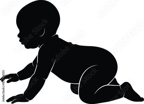 Single Black Vector Silhouette of a Cute Baby Crawling, Illustrating Infant Development and Early Childhood Milestones, Perfect for Pediatric and Parenting Concepts.