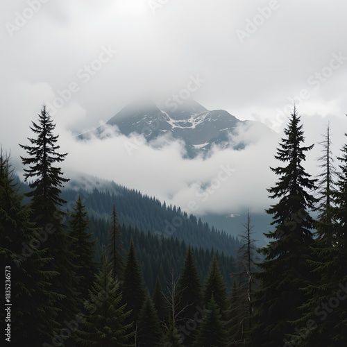 Misty Mountain Peak Surrounded by Dense Pine Forest Under Overcast Sky with Clouds in Background