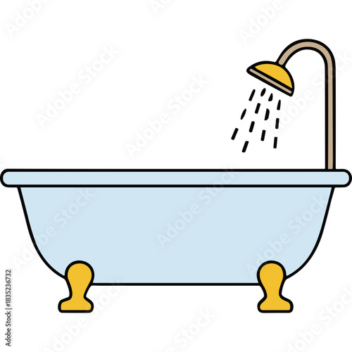 Vintage Clawfoot Bathtub with Shower Head Spraying Water Cleanliness Hygiene Relaxing Soak Comfort Refreshment Bathroom Fixture Light Blue White Yellow Accents Isolated on Black Background Flat Design