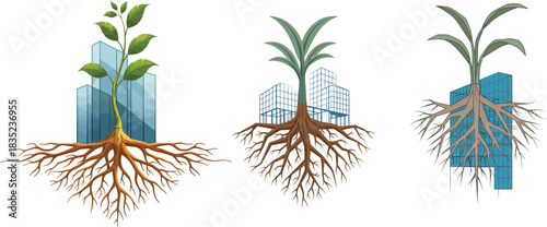 Three abstract conceptual illustrations of plant growth emerging from stylized city buildings with visible root systems symbolizing urban development and sustainability