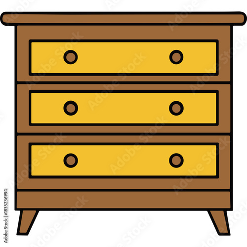 Vintage Wooden Dresser With Three Yellow Drawers And Brown Knobs Isolated On Black Background