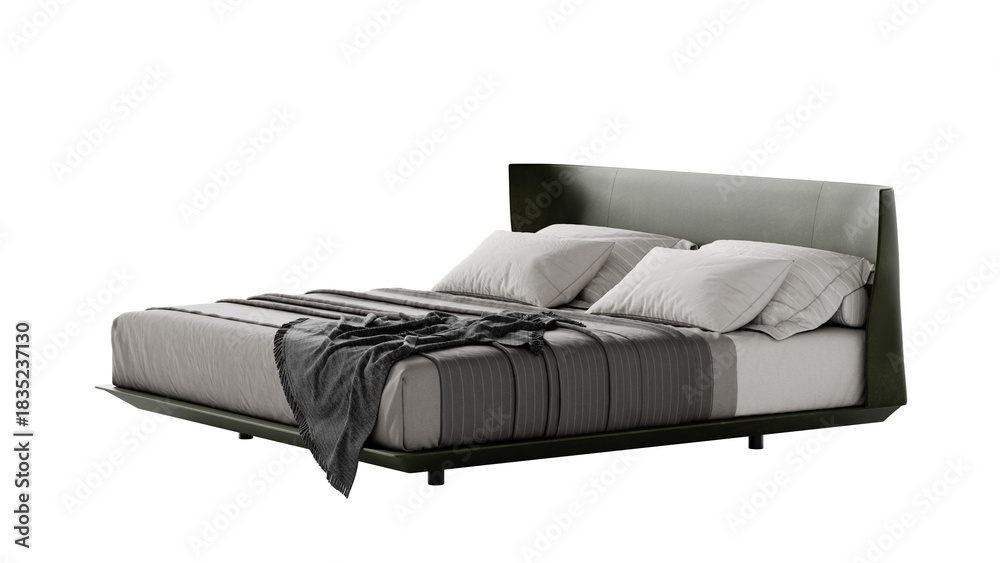 Fototapeta premium Contemporary bed with a blanket and pillows on a transparent background. 
