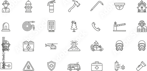 Firefighter Equipment, Rescue Operations, Natural Disaster Prevention, First Aid, and Evacuation Plan Symbols.