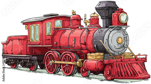 Vibrant Cartoon Illustration of a Red Train with Black Chimney
