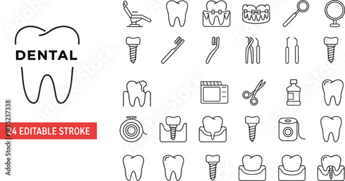 Dentistry Tools, Tooth Implants, Braces, Caries Treatment, and Stomatology Procedure Symbols.