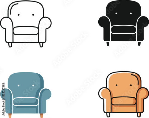 Colorful armchair cartoon set, isolated living room seat elements on transparent