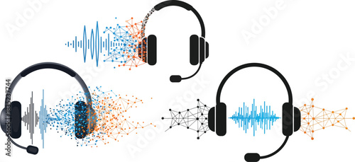 Three modern black headphones with microphones displaying colorful sound wave visualizations on a white background