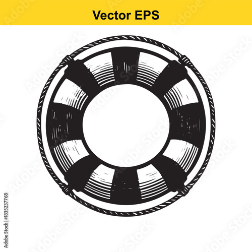 Vintage hand drawn lifebuoy with rope, nautical safety symbol art