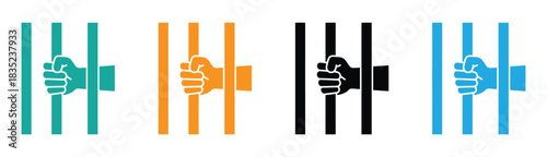  Hands gripping prison bars, colorful freedom concept design. Prison bars with hands vector illustration set. Jail cell line art with clenched fists behind bars.