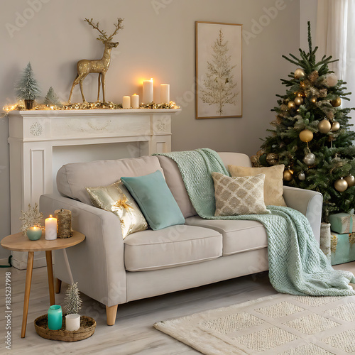 Festive home interior with christmas tree, sofa, and fireplace