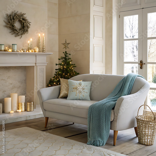 Elegant festive living room with sparkling christmas decorations