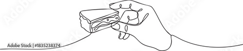 continuous single line drawing of a hand holding a brownie piece, simple elegant dessert outline vector illustration