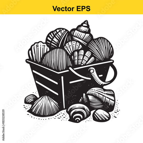 Stylized woodcut illustration of various seashells in a beach bucket