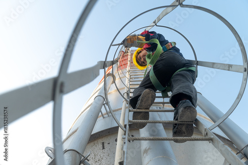 Industrial ladder climber on concrete and cement tower with safety equipment and harness under clear sky.