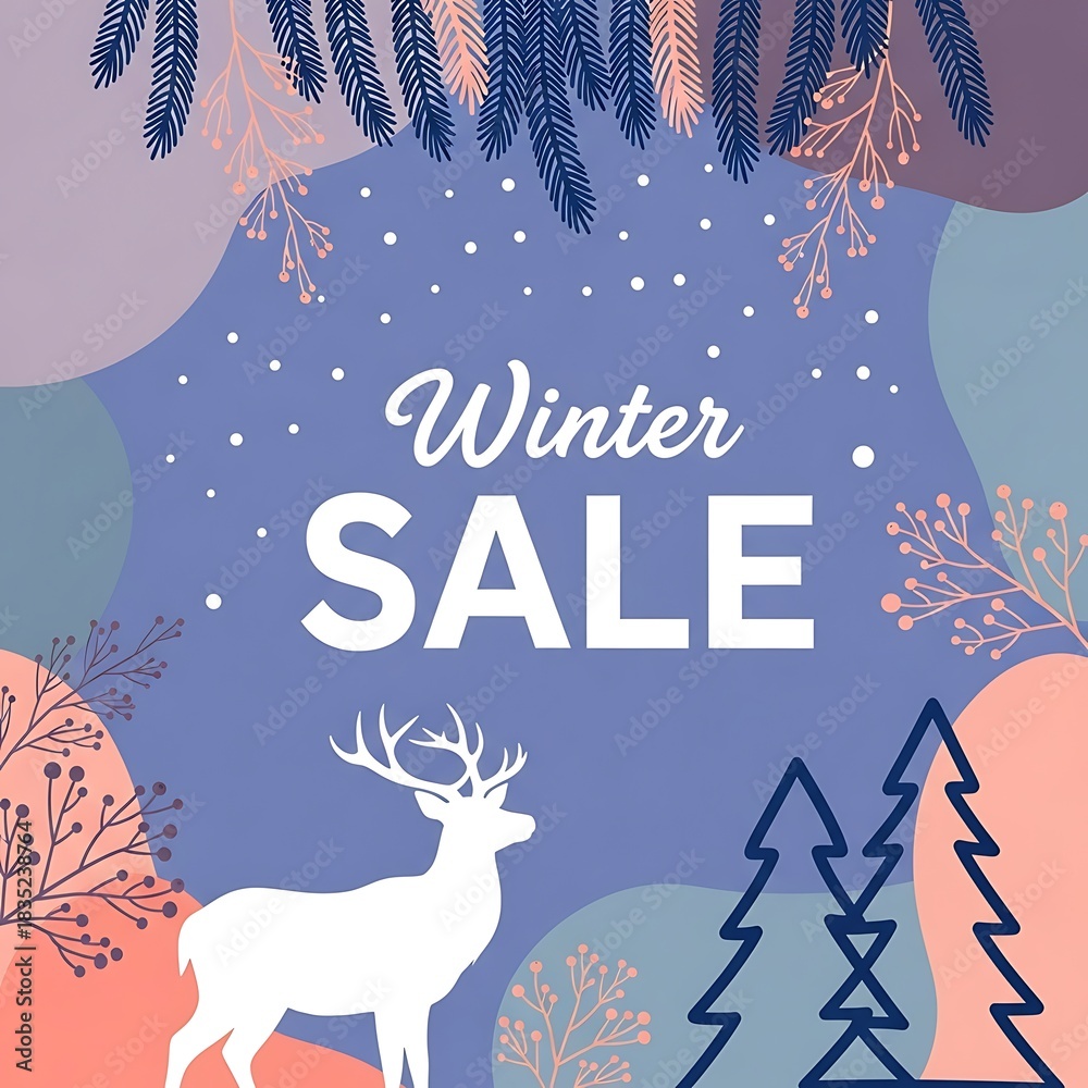 Fototapeta premium Winter sale advertisement with deer, christmas trees, and falling snow design