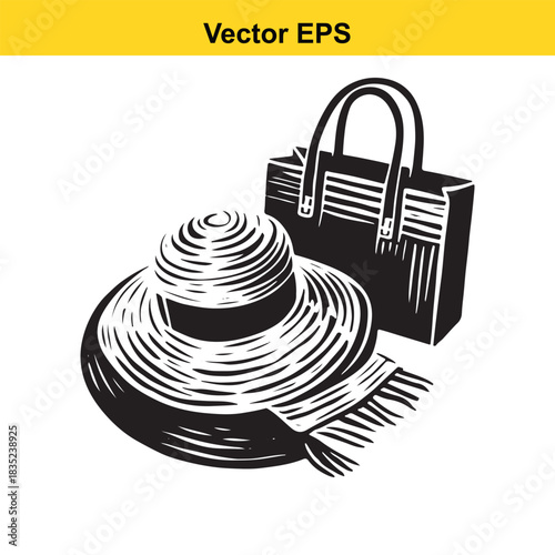 Elegant hat, fashionable bag, and scarf graphic vector artwork