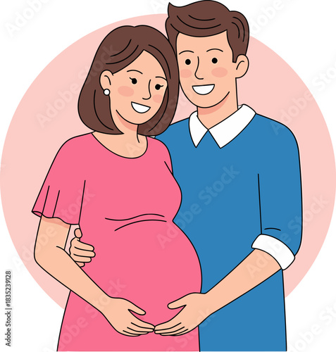 Happy Pregnant Couple Portrait. Expectant parents embracing and holding baby bump. Vector illustration.