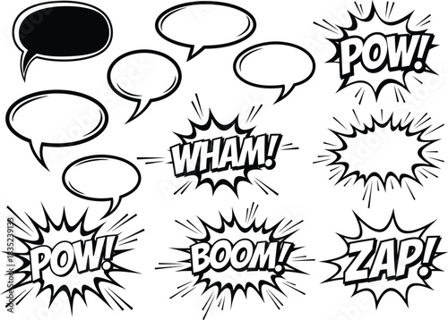 Comic Speech Bubbles Set, Boom, Pow, Wham, Zap Text, Cartoon Elements on White