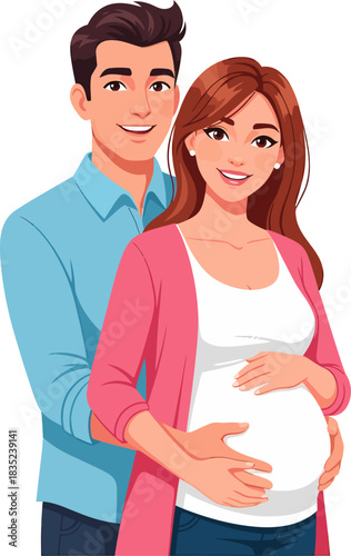 Happy Pregnant Couple Embracing Belly. Expecting Parents Vector Illustration.