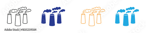 Factory emission line icon. Pollution outlined and solid icon vector collection. Factory chimneys emitting smoke in several vibrant colors.  