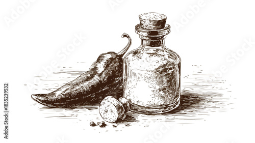 Detailed Vector Drawing of Pepper Bottle with Cork - Professional Ingredient Illustration