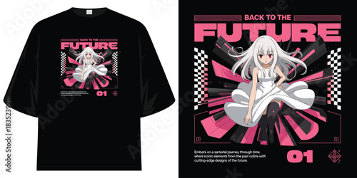 back to the future anime style graphic tee shirt design with a futuristic cyber aesthetic t shirt design vector illustration artwork