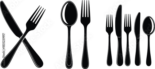Cutlery Silhouette Fork, Knife, Spoon, Tableware Set, Isolated Kitchen Items