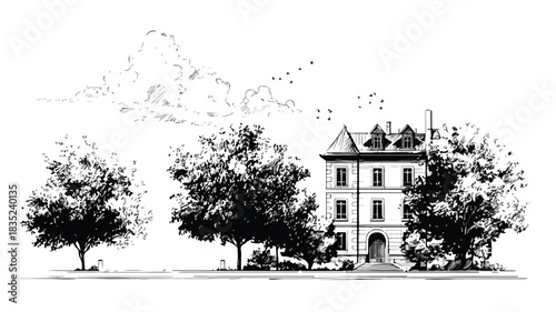 Modern Building Surrounded by Trees and Blue Sky Vector Illustration