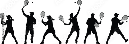 Dynamic tennis players silhouettes vector illustration set, showing various sport action poses, serving, and hitting, great for fitness, athletic graphics, and competition designs.