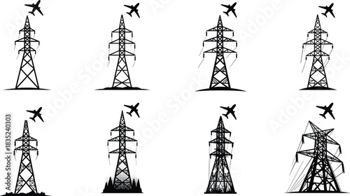 Electricity pylons with airplanes flying overhead in various artistic silhouettes, high voltage tower illustration, aviation and power line concept artwork