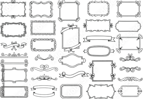 Decorative Black Line Frames, Banners, Borders, and Flourishes with Transparent Background