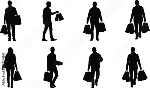 Silhouettes of people carrying shopping bags in various dynamic poses