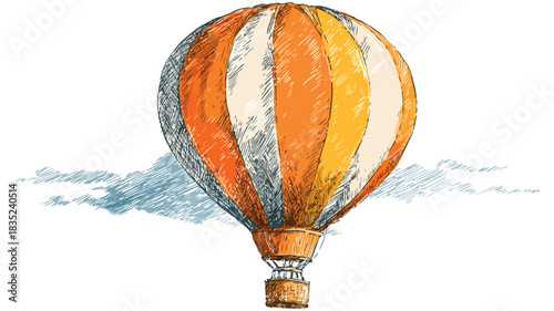 Vibrant Hot Air Balloon Drawing with Orange and Yellow Stripes