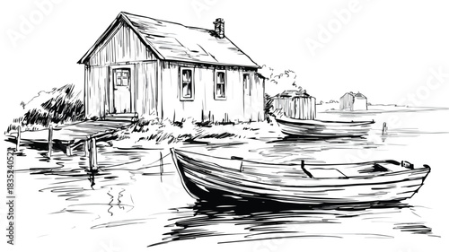 Scenic Drawing of House with Boat on Water - Vector Illustration