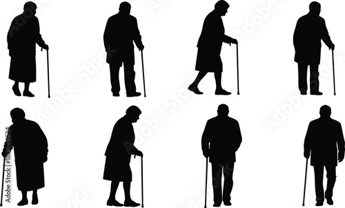 Silhouettes of elderly people walking some with canes in a simple arrangement