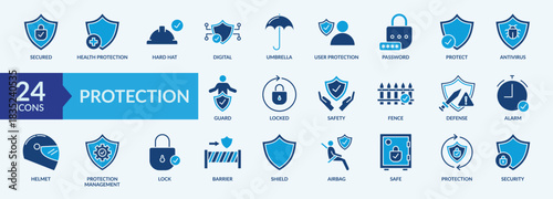 Protection thin icon set containing lock, barrier, umbrella, guard, shield