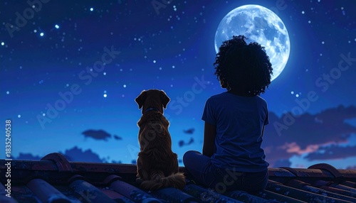 an anime girl/woman and her dog are sitting on a rooftop and looking at the moonlit sky full of stars