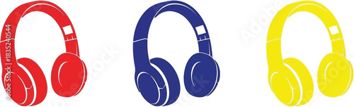 Colorful headphones in red blue and yellow are displayed on a white background