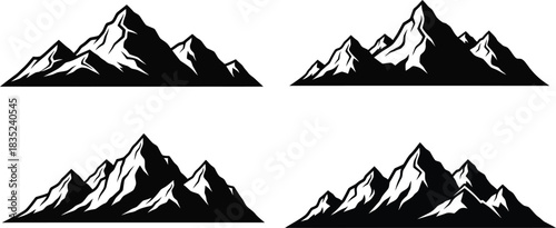 Four black and white mountain range illustrations in a simple graphic style