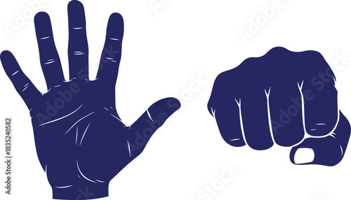 Two navy blue hand illustrations depicting an open palm and a clenched fist